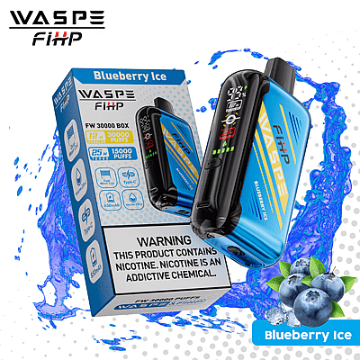 WASPE FiHP Blueberry Ice disposable vape with packaging, displaying key features like 30,000 puffs, 12mL e-liquid, 850mAh battery, and nicotine warning.
