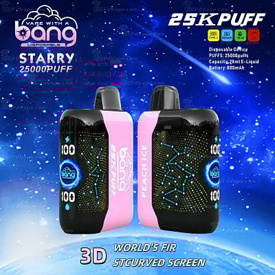 Image de deux appareils de vapotage jetables Bang étiquetés « Starry 25000 Puff » et « Peach Ice » avec un design d'écran incurvé, présentant des spécifications telles que 25 000 bouffées, une capacité d'e-liquide de 28 ml et une batterie de 800 mAh.