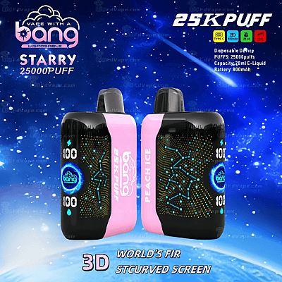 Afbeelding van twee wegwerp-vape-apparaten van Bang met de labels "Starry 25000 Puff" en "Peach Ice" met een gebogen schermontwerp, specificaties zoals 25000 trekjes, 28 ml e-liquidcapaciteit en 800 mAh-batterij.