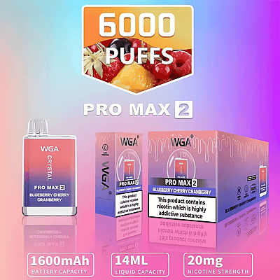 Verpakking voor een dampapparaat voor de "WGA Crystal Pro Max 2" in de smaak bosbessen, kersen en cranberry's, met 6000 trekjes, een batterij van 1600 mAh, een vloeistofcapaciteit van 14 ml en een nicotinegehalte van 20 mg.