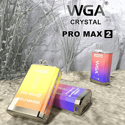 Drie WGA Crystal Pro Max 2 vape-apparaten met kleurrijke gradiëntontwerpen, afgebeeld op een gestructureerd oppervlak met planten op de achtergrond.