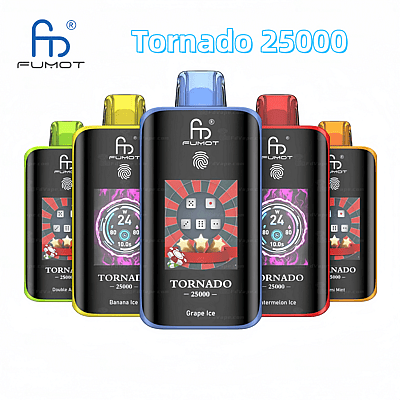 Dispositivi per svapo monouso FUMOT Tornado 25000 in vari gusti, caratterizzati da un elegante design nero con dettagli colorati e display digitale.