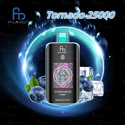 Un elegante dispositivo per svapare Fumot Tornado 25000 con display digitale, marchio del gusto "Blueberry On Ice", circondato da mirtilli, cubetti di ghiaccio e uno sfondo con un anello energetico luminoso.