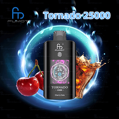 Un dispositivo per svapare Fumot Tornado 25000 nero con display digitale, aroma "Cherry Cola", circondato da ciliegie, uno spruzzo di cola e un effetto energetico circolare blu brillante.