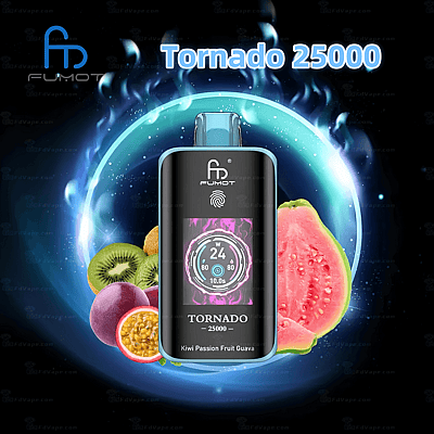 Un dispositivo per lo svapo FUMOT Tornado 25000 nero ed elegante, dotato di un display digitale che mostra le impostazioni, circondato da vivaci grafiche di kiwi, frutto della passione e guava, con uno sfondo blu brillante e infuocato.