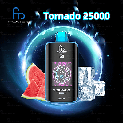 Un dispositivo per lo svapo Fumot Tornado 25000 con display digitale, circondato da cubetti di ghiaccio, fette di anguria e un design circolare luminoso.