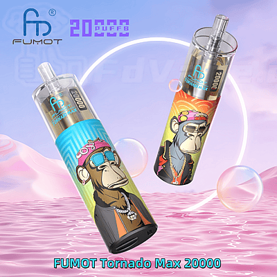 Dos coloridos dispositivos de vapeo FUMOT Tornado Max de 20000 bocanadas con diseños de simios de dibujos animados, flotando sobre un fondo pastel con burbujas y un acento circular brillante.