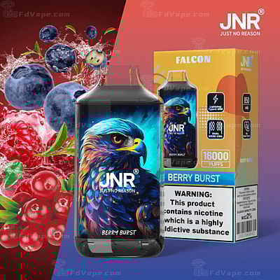 Vaporizador descartável JNR com embalagem sabor "Berry Burst", com ilustração de uma águia estilizada no dispositivo, capacidade para 16.000 tragadas, bateria de 850 mAh, carregamento USB Tipo C e um rótulo de advertência indicando o teor de nicotina.