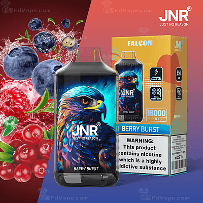 JNR wegwerp-vape met de smaakverpakking "Berry Burst", met een gestileerde adelaarillustratie op het apparaat, een capaciteit van 16.000 trekjes, een 850mAh-batterij, Type-C USB-oplaadfunctie en een waarschuwingslabel met informatie over het nicotinegehalte.