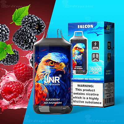 JNR Falcon vape-enhet med smak av björnbär och röda hallon, visar en örngrafik på enheten och produktförpackning med varningar om nikotininnehåll.