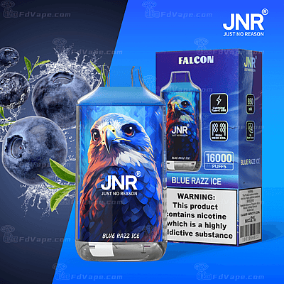 JNR Falcon Blue Razz Ice engångsvape med blåbärsbilder, 16 000 puffar, 850 mAh batteri och nikotinvarning