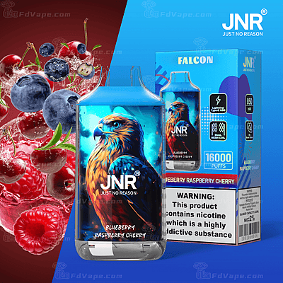 JNR vape-produkt i smak av blåbärshallonkörsbär, med en falkillustration på flaskan, som visas bredvid dess förpackning med detaljer som 16 000 puffar, 850 mAh batteri och nikotinvarning.