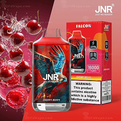 JNR Cherry Berry vape med örngrafik på flaska, 16000 puffar, Type-C USB-laddning, 850mAh batteri, i röd förpackning med körsbär och hallon i bakgrunden.