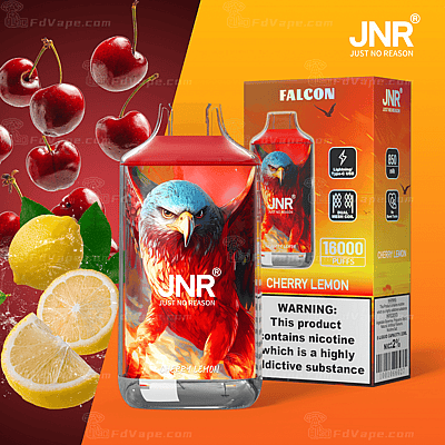En vape-produktförpackning med en färgstark illustration av en örn, körsbär och citroner, märkta "JNR" och "Cherry Lemon" med en nikotinvarning.