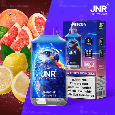 Grapefruit Lemonade Ice vape-enhet från JNR med en illustrerad falkdesign på behållaren, som visar produktinformation inklusive 16 000 puffar, 850 mAh batteri och nikotinvarningsetikett.