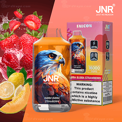JNR Falcon vape-enhet med Hubba Bubba Strawberry-smak, med en örngrafik på enheten och produktförpackning med nikotinvarning.