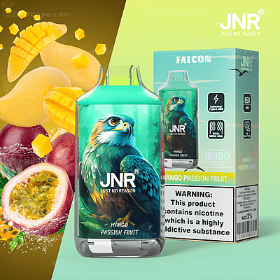 JNR mango passionsfrukt vape med en bild av en hök på förpackningen, som framhäver 16 000 puffar, 850mAh batteri och Type-C laddning.