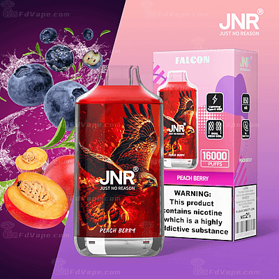 JNR Falcon vape-enhet i Peach Berry-smak med 16 000 bloss, med en bild av en hök, Type-C-laddning, dubbel mesh-spole, 850 mAh batteri och nikotinvarning.