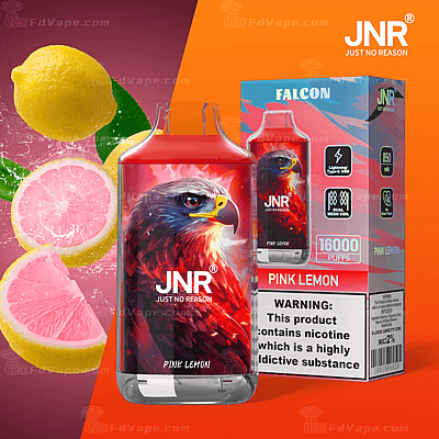 Färgglada vapeförpackningar för JNR Falcon "Pink Lemon"-smak, med en levande örnillustration, en skivad rosa citron och en nikotinvarningsetikett.