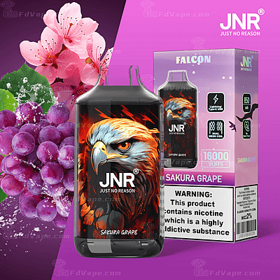 JNR Falcon Sakura Grape vape-enhet med en örnillustration på framsidan, med 16 000 bloss, Type-C USB-laddning, 850 mAh batteri och 2% nikotin.