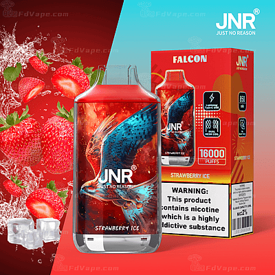 JNR Falcon Strawberry Ice vape-förpackning med röd och blå hökdesign, jordgubbs- och isbilder, och produktdetaljer inklusive 16 000 puffar, 2% nikotin och USB-C-laddning.
