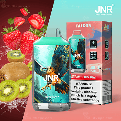JNR "Just No Reason" Falcon vape med smak av jordgubbskiwi, som visar en livlig örndesign på enheten och förpackningen; höjdpunkter inkluderar 16 000 bloss, 850mAh batteri och 2% nikotin.