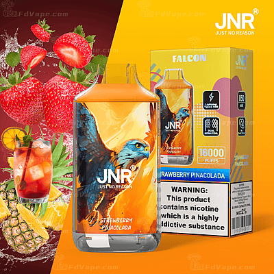 JNR Strawberry Pina Colada engångsvape med 16 000 puffar, med en örngrafik på enheten, nikotinvarningsetikett och förpackning.