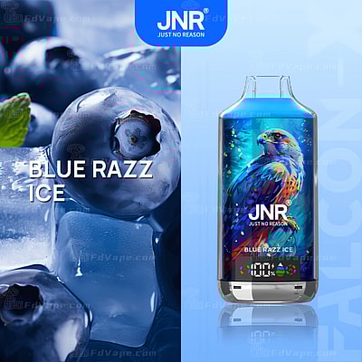 Blue Razz Ice vape-produkt med blåbär och iskuber, med en hökillustration på förpackningen och JNR:s varumärke "Just No Reason".