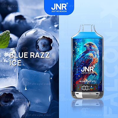 Producto de vape Blue Razz Ice con imágenes de arándanos y cubitos de hielo, con una ilustración de un halcón en el empaque y la marca "Just No Reason" de JNR.