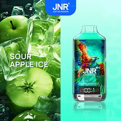 "Sur Apple Ice vape-produktförpackning med gröna äpplen och isbitar till vänster och en vape-enhet med levande konstverk av en röd och grön fågel till höger."