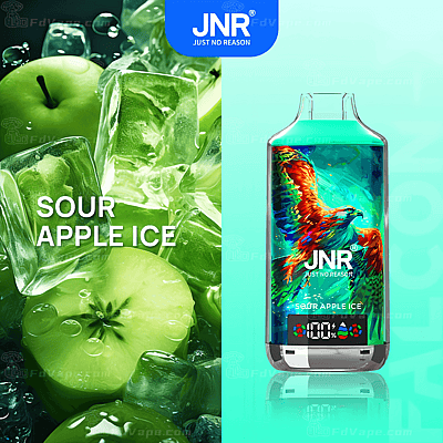 "Empaque de producto para vapear Sour Apple Ice que presenta manzanas verdes y cubitos de hielo a la izquierda, y un dispositivo para vapear con ilustraciones vibrantes de un pájaro rojo y verde a la derecha".