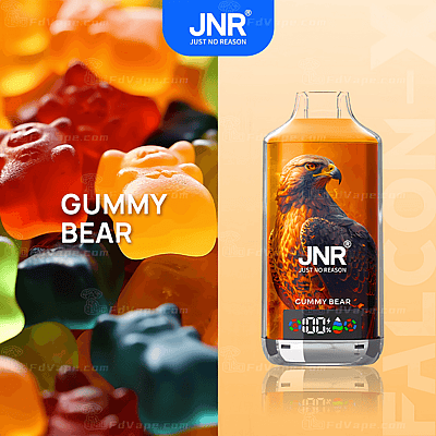 Vaporizador JNR Gummy Bear con un diseño de águila en el empaque, que muestra ositos de goma de colores en el fondo.