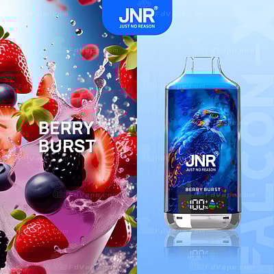 JNR Berry Burst vapeprodukt med en livlig blå hökdesign på enheten och en bild av blandade bär som stänker i juice.