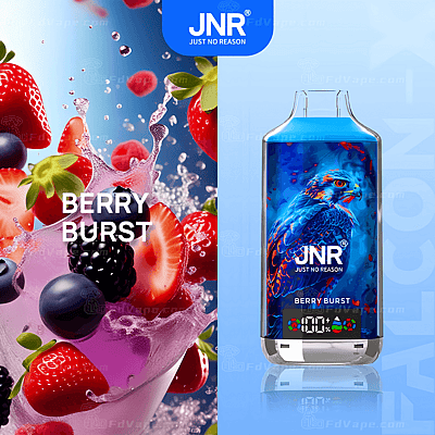 Producto de vapeo JNR Berry Burst con un vibrante diseño de halcón azul en el dispositivo y una imagen de bayas mixtas salpicando jugo.