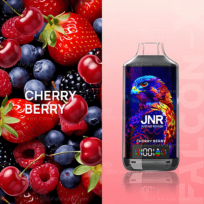 Botella con sabor a vape Cherry Berry con una vibrante ilustración de un halcón en la etiqueta, rodeada de cerezas, fresas, arándanos, frambuesas y moras.