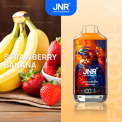 Producto para vapear JNR Strawberry Banana con un colorido diseño de halcón en el empaque, exhibido junto a plátanos y fresas frescas.