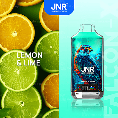Vaporizador con sabor a limón y lima con una vibrante ilustración de un halcón en el empaque con la etiqueta "JNR Just No Reason".
