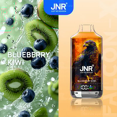 "JNR Blueberry Kiwi vape-produkt med en närbild av färska blåbär och kiwiskivor med vattenstänk till vänster och en vapeflaskadesign med en örnillustration till höger."
