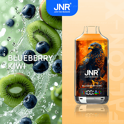 "Producto de vapeo JNR Blueberry Kiwi que presenta un primer plano de arándanos frescos y rodajas de kiwi con salpicaduras de agua a la izquierda y un diseño de botella de vapeo con una ilustración de un águila a la derecha".