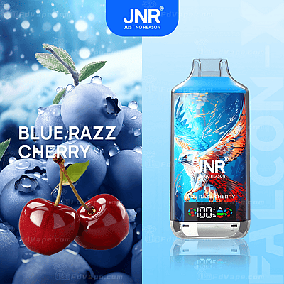 Dispositivo de vapeo JNR con sabor "Blue Razz Cherry", que presenta un gráfico de un halcón y una pantalla digital, junto a una imagen de arándanos y cerezas.