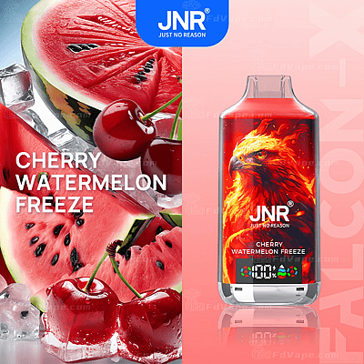 Dispositivo de vapeo Cherry Watermelon Freeze de JNR que presenta un diseño de fénix ardiente en la botella, con imágenes de sandía, cerezas y cubitos de hielo.