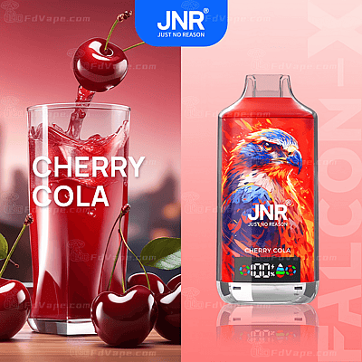 Vaporizador con sabor a cola de cereza con un halcón ilustrado en el empaque, que muestra un vaso vibrante de cola de cereza roja con cerezas frescas en el fondo.