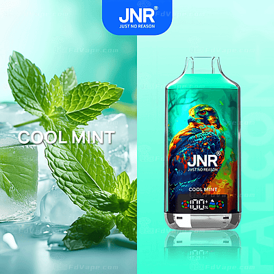 Dispositivo de vapeo JNR con sabor "Cool Mint", que presenta un primer plano de hojas de menta fresca sobre hielo y una colorida ilustración de un halcón en la botella del vapeo.