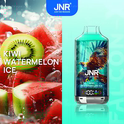 JNR Kiwi Watermelon Ice vape-produkt med en livfull design med färska kiwi- och vattenmelonskivor med isbitar och en detaljerad örnillustration på enheten.