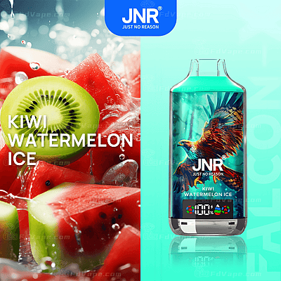 Producto de vapeo JNR Kiwi Watermelon Ice con un diseño vibrante que presenta rodajas frescas de kiwi y sandía con cubitos de hielo y una ilustración detallada de un águila en el dispositivo.