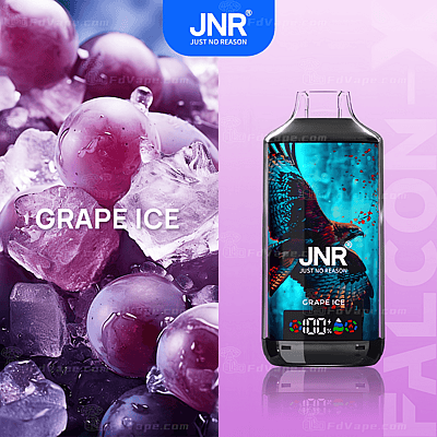 Botella de vaporizador JNR Grape Ice con diseño de águila azul sobre un fondo de uvas moradas y cubitos de hielo.