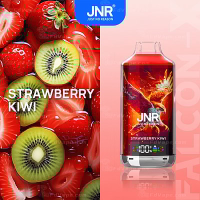 JNR jordgubbskiwi-smaksatt vape med en livlig röd flaskdesign med en eldig fenix och digitala indikatorer i botten.