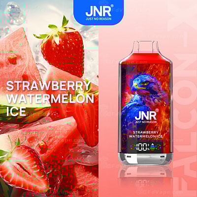 JNR vape-produkt med smaken "Strawberry Watermelon Ice", med en bild av färska jordgubbar, vattenmelon och is till vänster, och vape-enheten med en levande blå och röd falkillustration till höger.