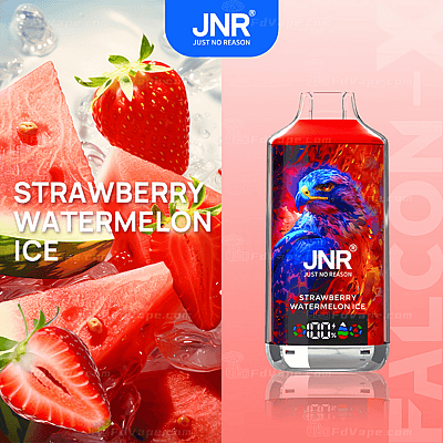 Producto de vapeo JNR con sabor a "fresa y sandía helada", con una imagen de fresas frescas, sandía y hielo a la izquierda, y el dispositivo de vapeo con una vibrante ilustración de un halcón azul y rojo a la derecha.