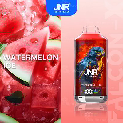 Watermelon Ice vape-förpackning från JNR med en närbild av vattenmelonskivor med is till vänster och en vape-enhet med en fet falkillustration till höger.